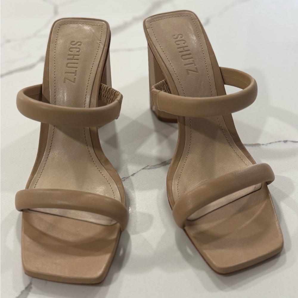 SCHUTZ Tan Heeled Sandals with Square Toe